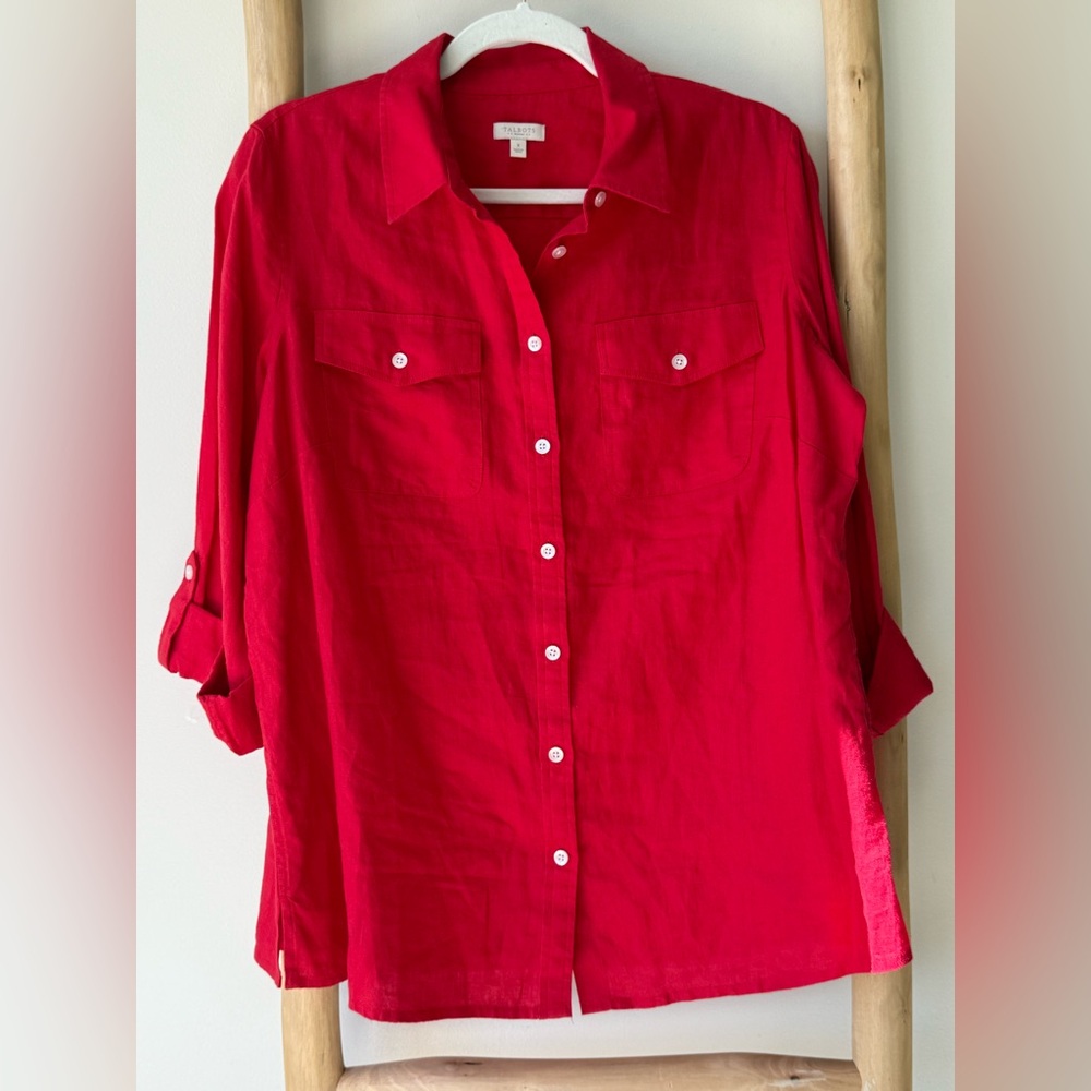 Talbots Woman Bright Red Lightweight Pure Linen Button Down Shirt Size X